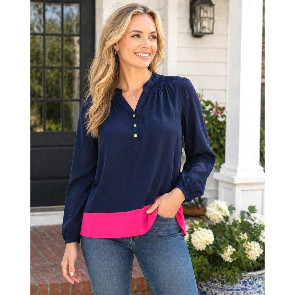 Lilly Pulitzer Elsa 100% Silk Blouse Navy Pink Colorblock Popover Size M Preppy